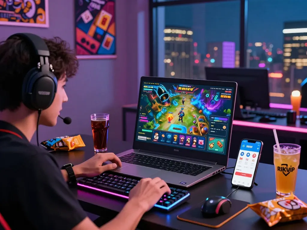 Player enjoying RIKVIP online gaming experience with vibrant atmosphere and colorful graphics.