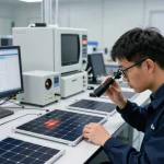 Technician analyzing LID and LeTID degradation of PV modules in an innovative solar energy lab.