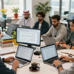 Arabic Translation Services team collaborating on translations in a professional office setting