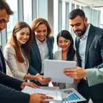 Engaging scene of Quickplus Business Consultants collaborating in a modern office environment.