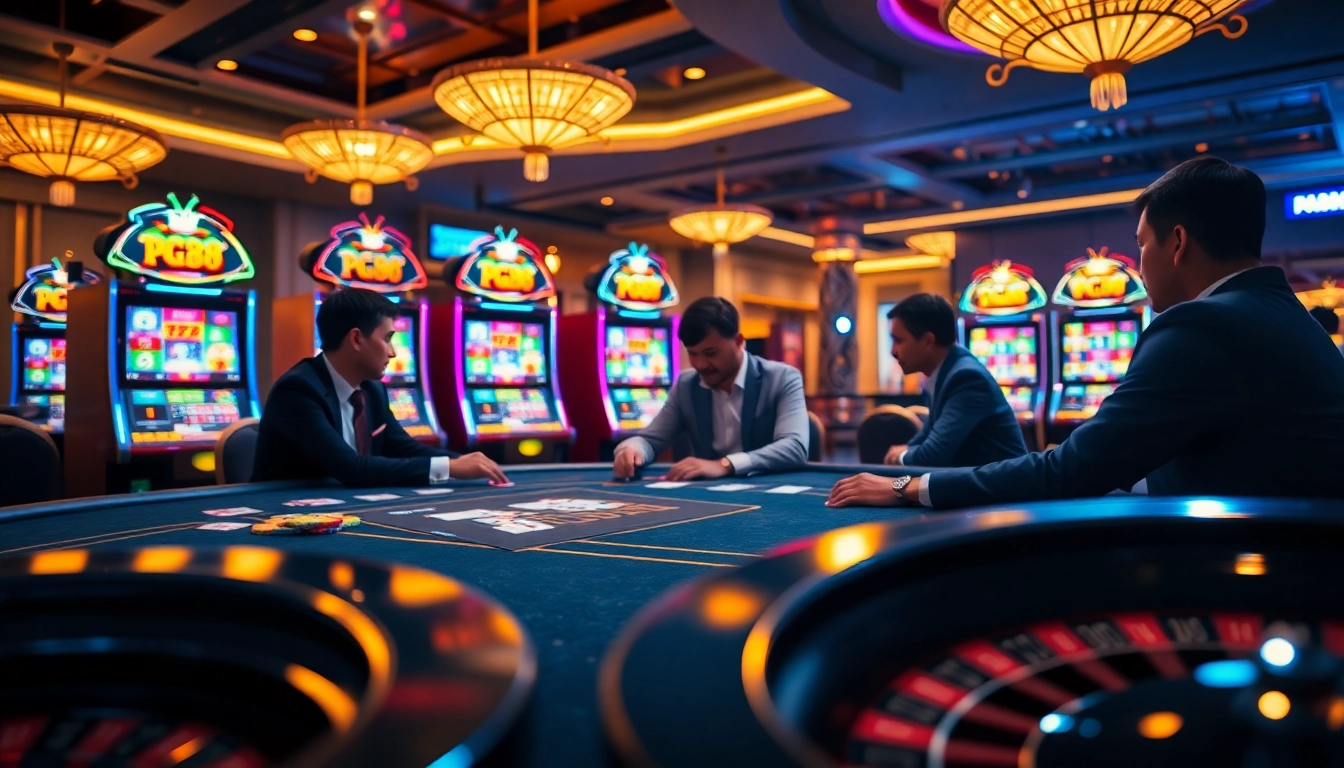 Experience the excitement of pg88 with professional poker players and vibrant casino elements.