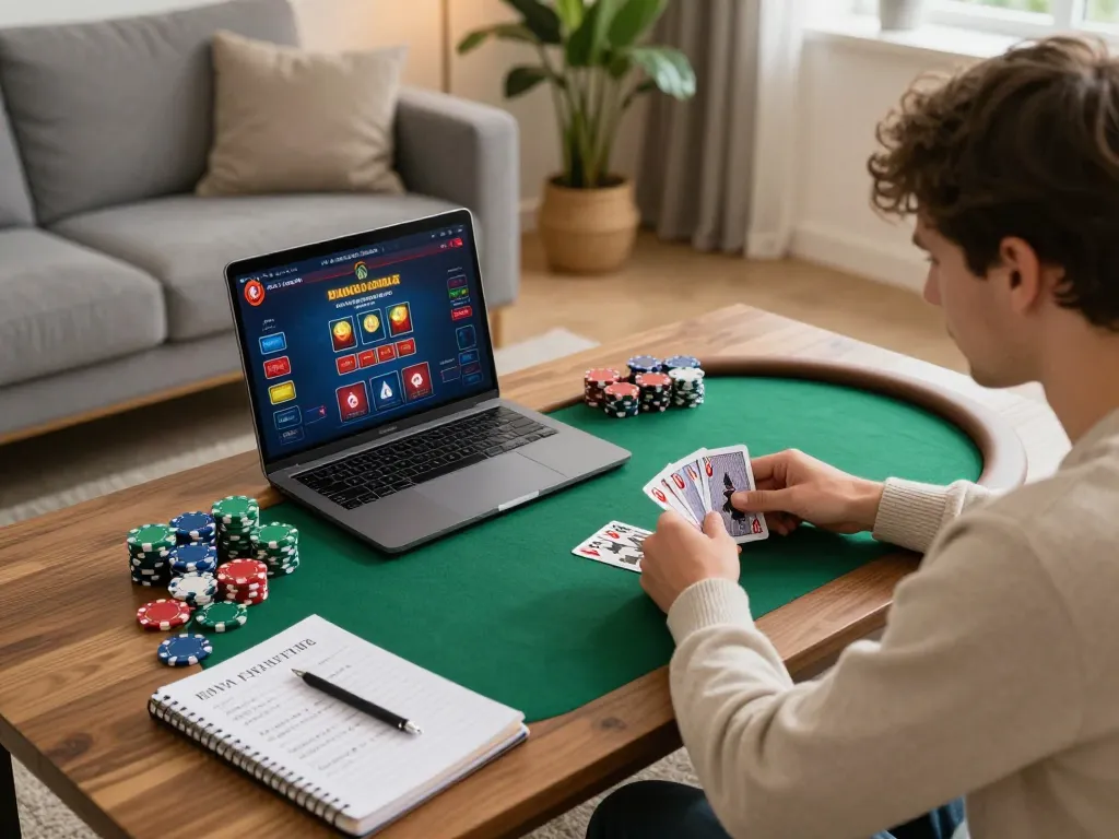Engaged player strategizing in an online poker game at home with lc88 casino interface displayed.