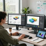 Developer engaging with 3D product configurator software in a modern office setting, showcasing interactive design elements and vibrant 3D models.