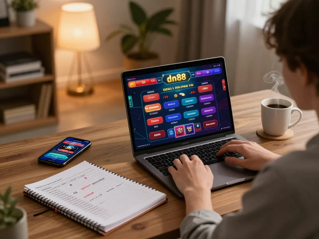 Engaged player using dn88 for online casino gameplay with strategies in a cozy home office.