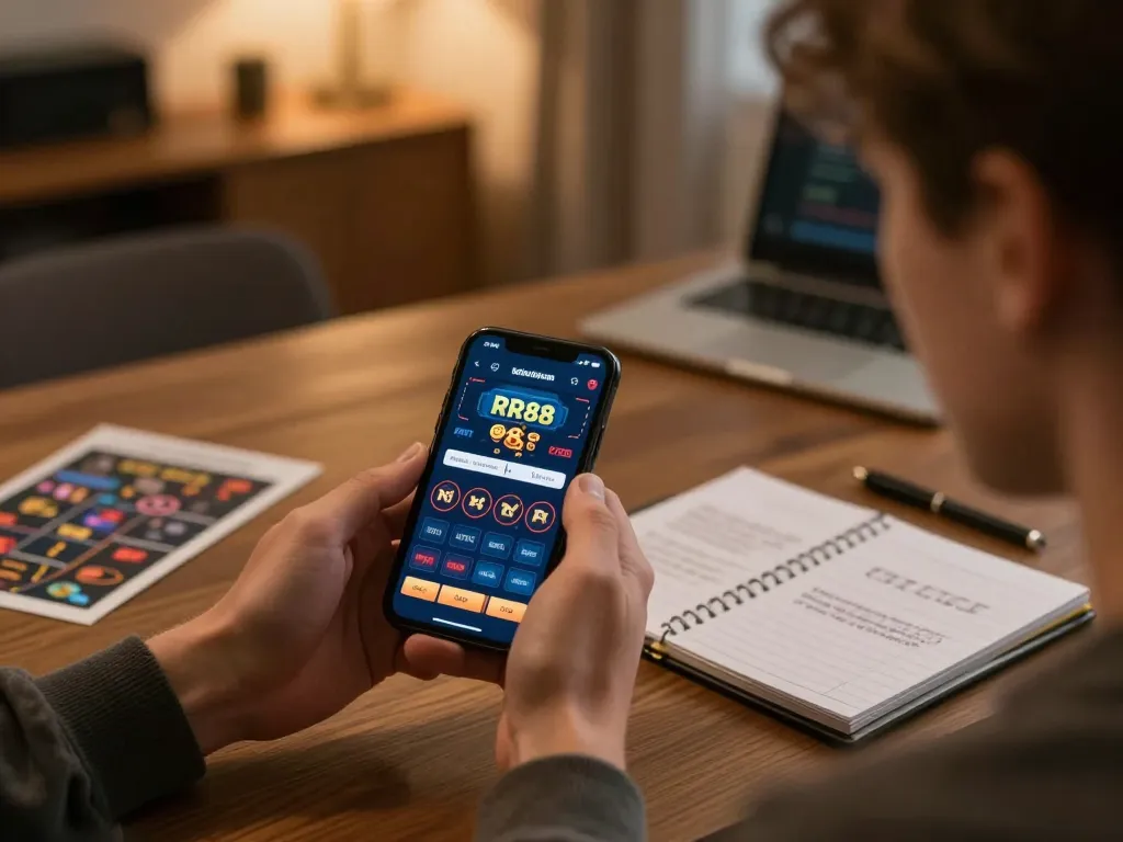 Player actively engaging with RR88 casino app during home gaming session.