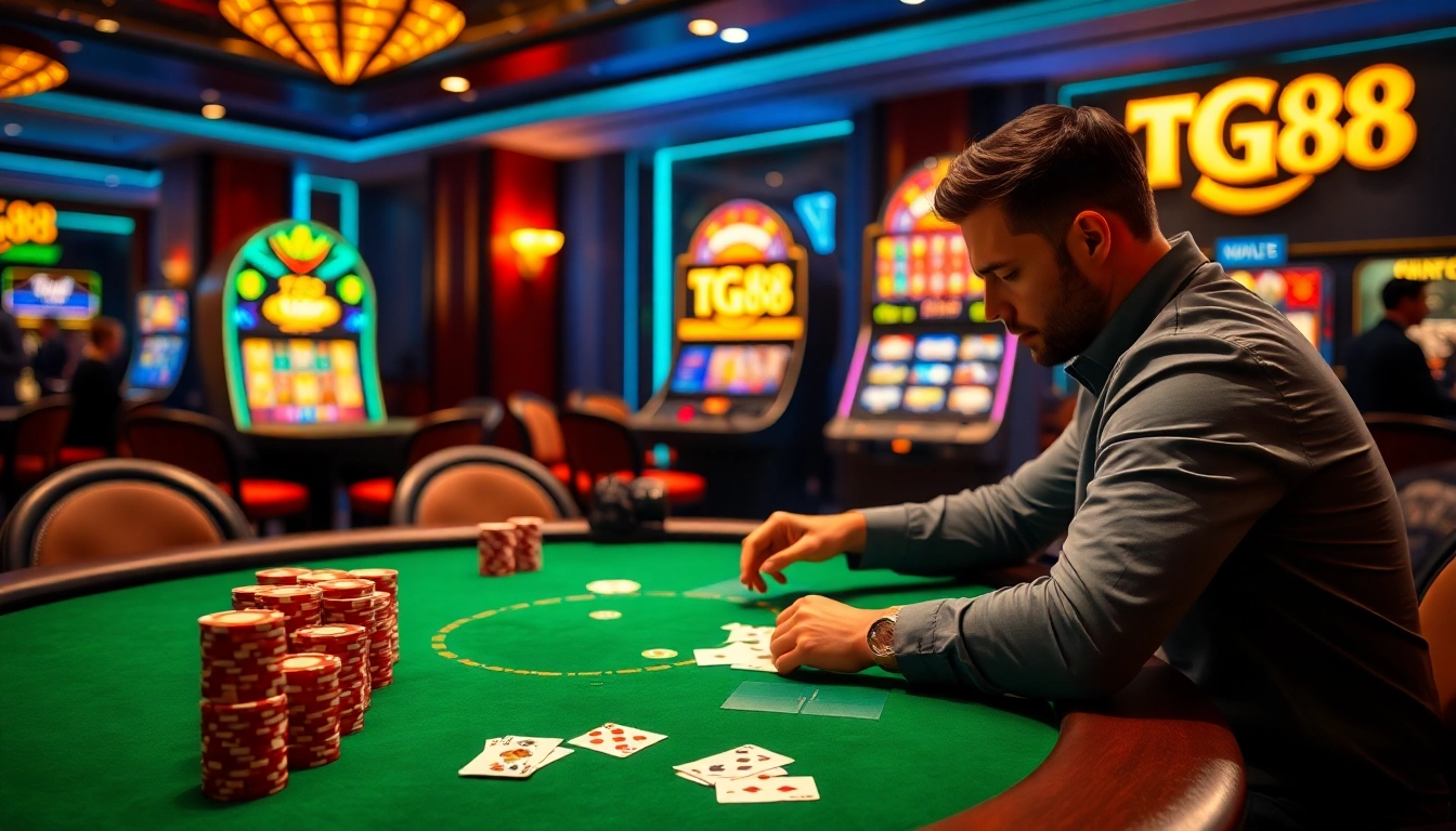 Experience thrilling gameplay at TG88, where vibrant poker chips and cards create excitement in a luxurious atmosphere.