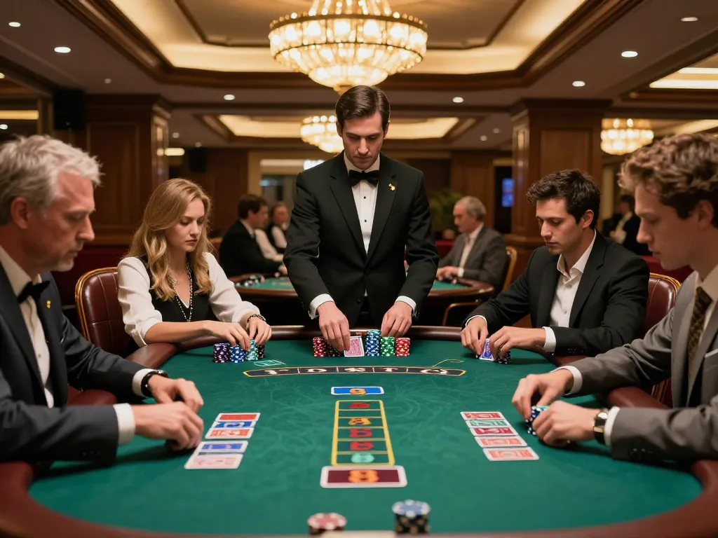 vipwin players strategizing blackjack at a luxurious table with vibrant chips and warm ambiance