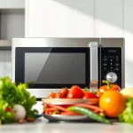 Enhance your cooking with Microwave Oven Sales featuring a modern stainless steel design and vibrant kitchen setting.