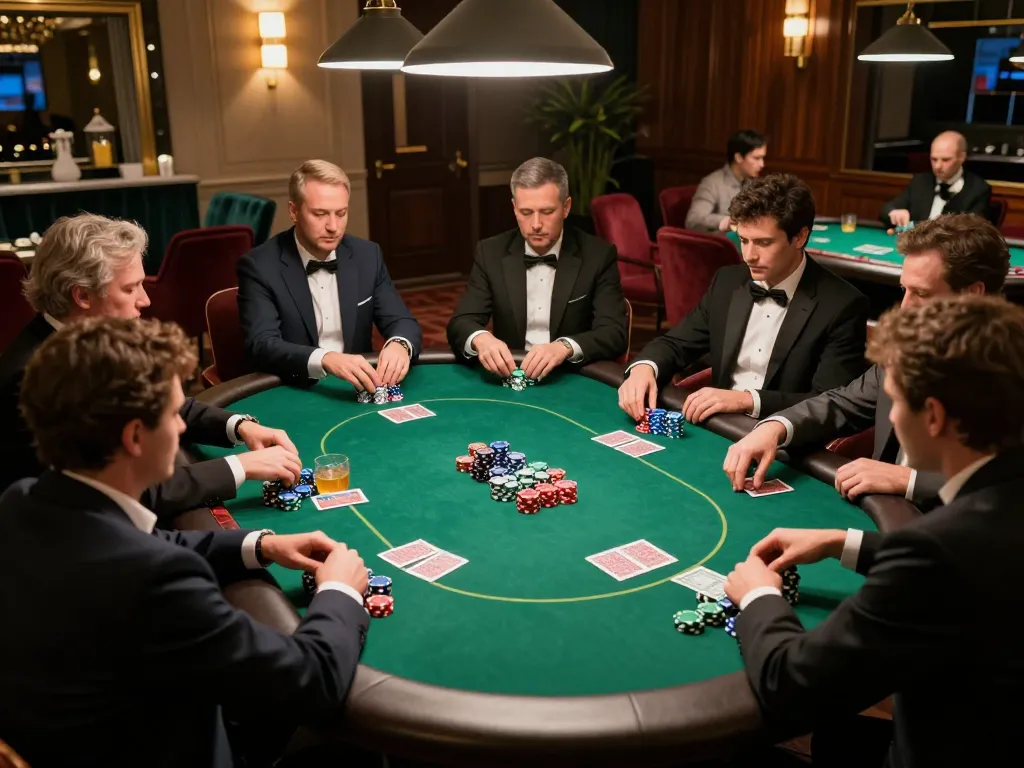 Malam poker SBOBET88 dengan pemain dan chip berwarna-warni di ruangan permainan yang elegan