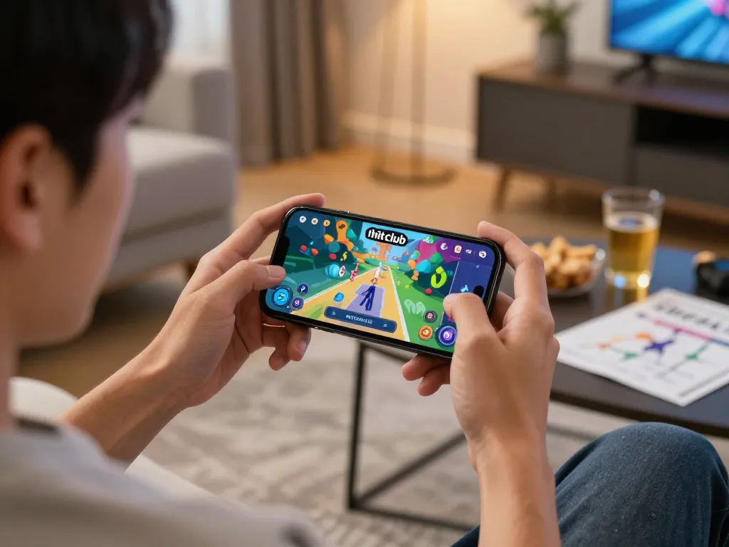 Engaging in mobile gaming with tải hitclub app on smartphone in a cozy home setting.