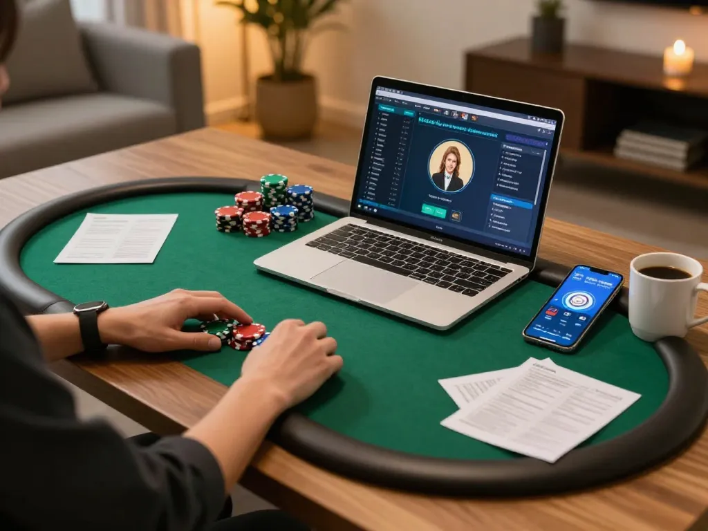 Iwin player engaging with poker game interface while managing strategy notes in a comfortable home gaming setup.