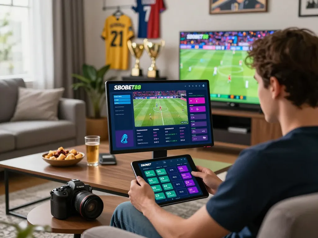 SBOBET88 betting scene with user placing online bets in modern living room.