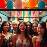 Guests laughing and posing in a photo booth rental at a wedding reception.
