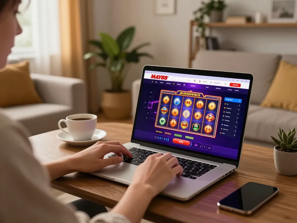 MAY88 user enjoys online slots on a laptop in a cozy living room