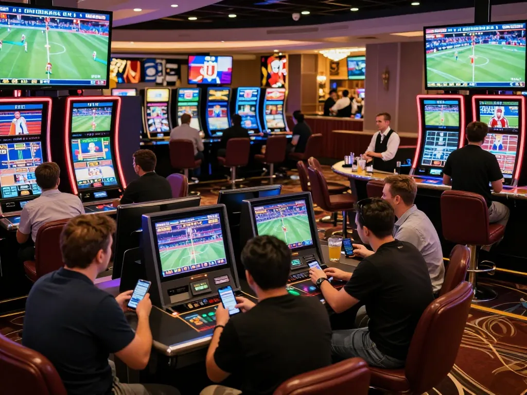 Tỷ lệ nhà cái displayed on screens at a lively sports betting lounge in an upscale casino