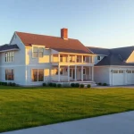 Cape Cod homes featuring an elegant garage expansion under warm sunset lighting.