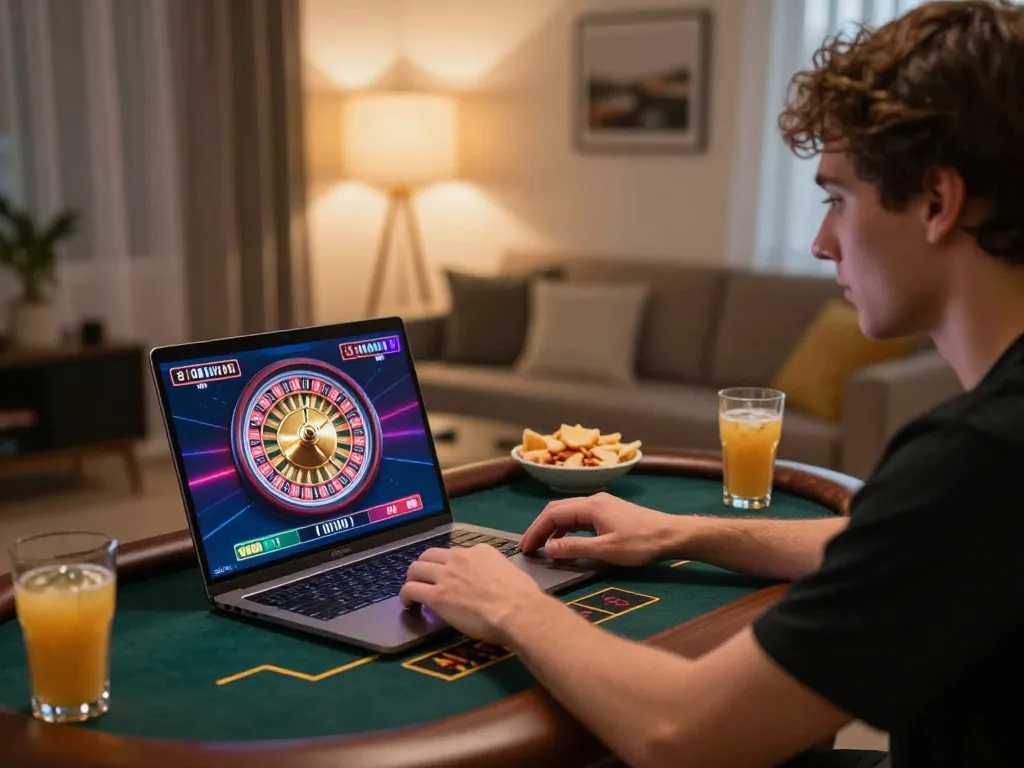 Action of playing live dealer games at home with XOCDIA88 on a laptop screen, showcasing excitement and engagement.