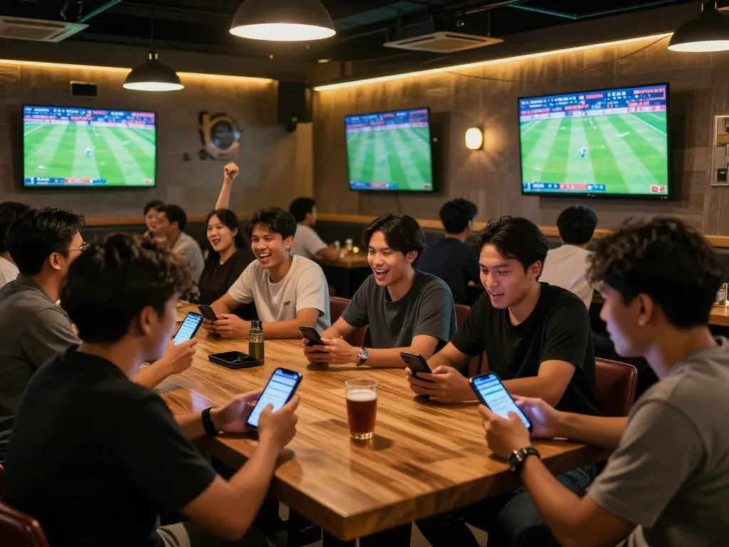 Pelanggan yang terlibat menikmati taruhan Judi Bola di bar olahraga dengan pertandingan langsung dan suasana yang mendebarkan.