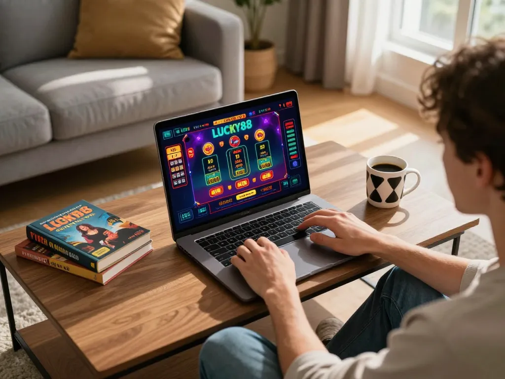 LUCKY88 online gambling scene featuring a player engaged on a laptop with vibrant casino graphics