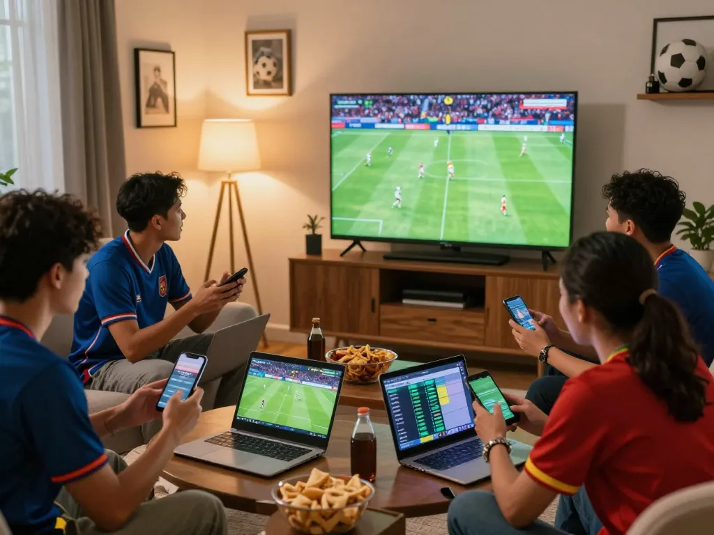 Friends watching live football while placing Judi Bola bets, enjoying a lively game-day atmosphere.