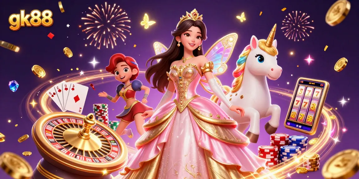 Spin and win at gk88 with vibrant casino characters and sparkling game elements.