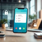 Using call history checker on a smartphone with data analytics icons, showcasing digital security.