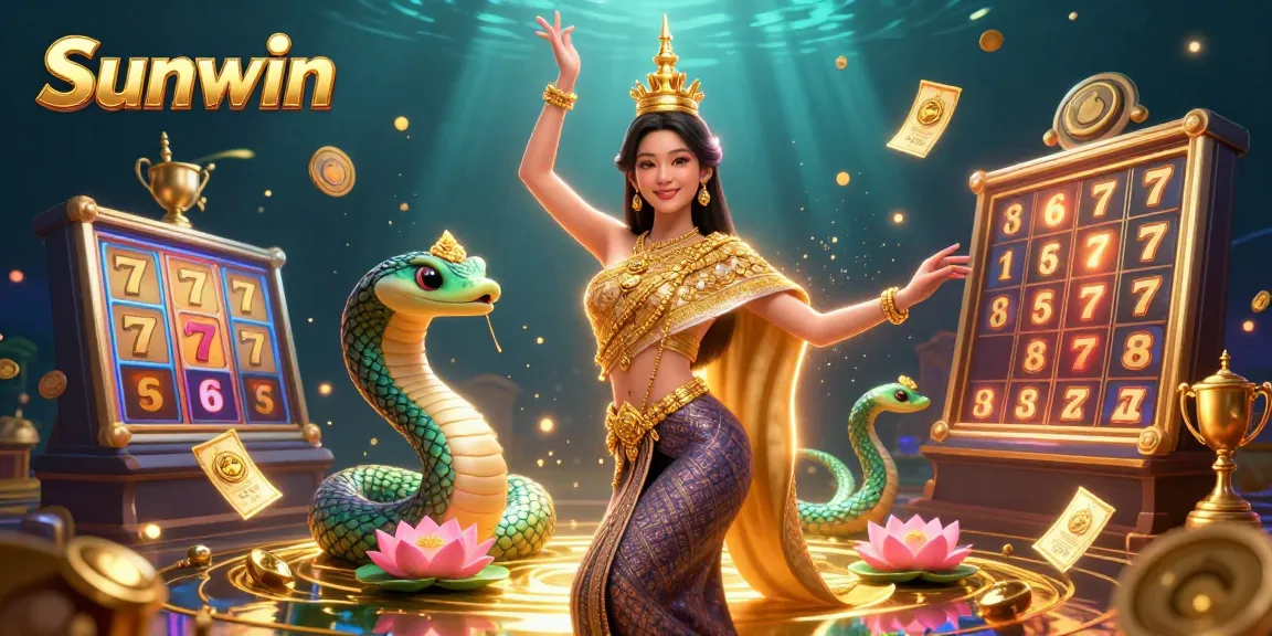 Experience winning moments at Sunwin with a vibrant 3D casino illustration featuring dynamic slot elements.