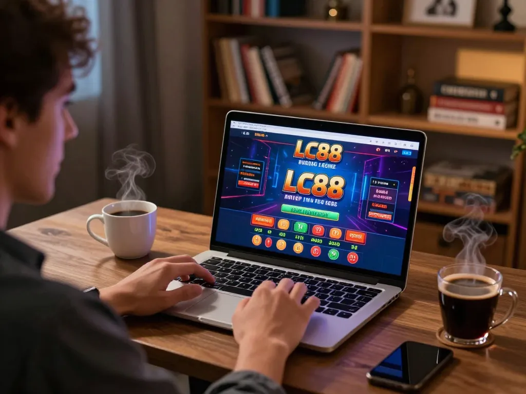 Player engaged in online gaming on LC88 platform, showcasing betting excitement in a cozy home office.