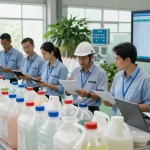 Organic chemicals exporter team collaborating on logistics and quality control in a bright industrial facility.