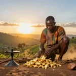 African gold exporters feature Ugandan miner inspecting gold nugget with scenic hills in the background during sunset.