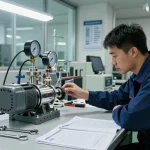 Technician analyzing a chemical metering pump in an industrial workshop, highlighting precision and reliability.