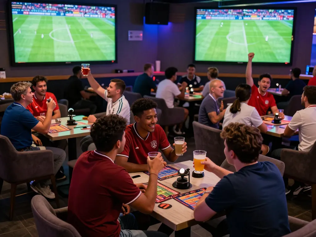 Socolive link displayed prominently in a lively sports betting lounge with fans cheering for their teams.