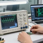 Analyzing signal waveforms with HANMATEK hand held scopes on an electronics workbench.