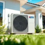 Showcasing american standard heat pumps in a residential garden setting under natural light.