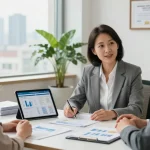 Financial advisor discussing social security m strategies with clients in a welcoming office environment.