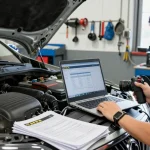 Technician using CARFAX vehicle history report during car inspection for potential buyers.