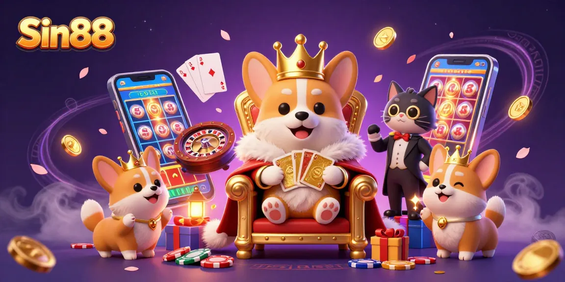 Play exciting slot games at Sin88 with royal corgi illustration, golden coins and vibrant casino elements.