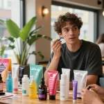 Youth engaging with looksmaxxing products in a trendy urban café, highlighting grooming and skincare options.