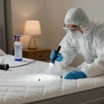 Bed bug removal process in a cozy bedroom, exterminator inspecting a mattress with tools and soft lighting.