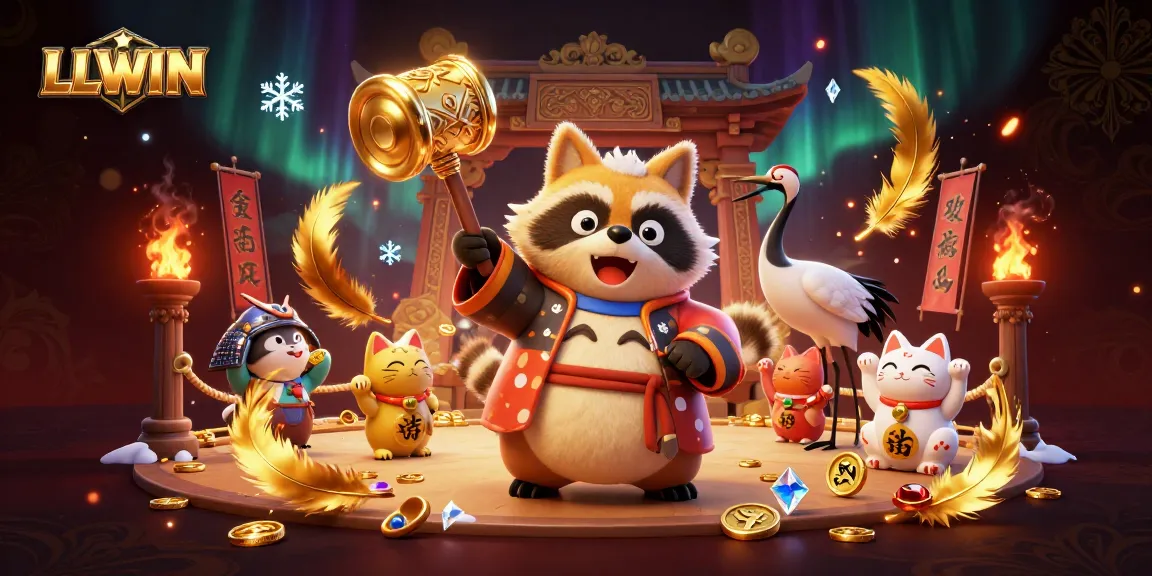 LLWIN showcases a vibrant casino scene with a cheerful tanuki and lucky symbols, celebrating gaming excitement.