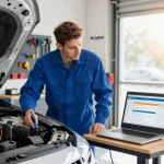 Car history check UK showing a mechanic inspecting a vehicle in a bright garage with diagnostic equipment.