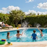 Dolphin Pool Services ensuring families enjoy a clean and vibrant pool environment, showcasing joyful moments and professional maintenance equipment.