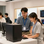 Customer exploring refurbished PC options in a modern tech retail store.