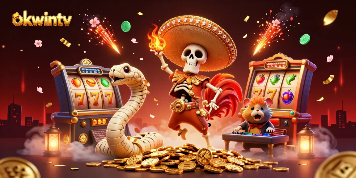 Experience excitement with okwintv in a vibrant 3D casino scene featuring animated characters celebrating on a pile of coins.