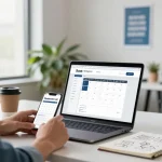 Business workspace with owner discussing websites with no upfront costs, focusing on efficient design tools and a collaborative atmosphere.