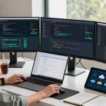 vds kirala management scene with an admin monitoring servers on multiple screens, showcasing a modern tech workspace.