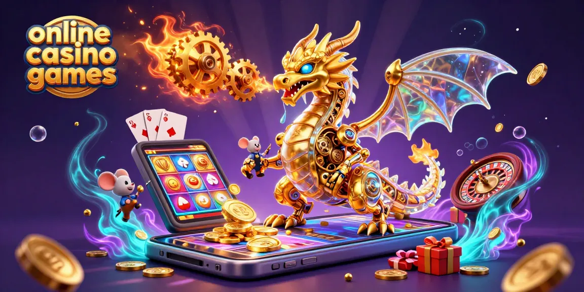 Explore exciting online casino games with a golden dragon, dynamic game elements, and vibrant colors.