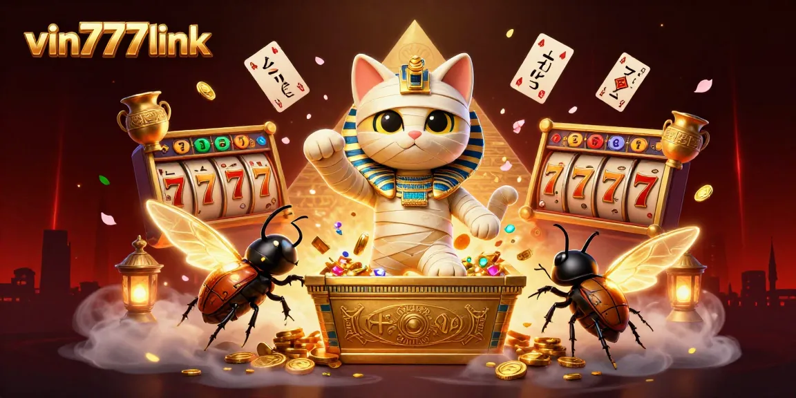 Experience the excitement of vin777link with a magical mummy cat and a scarab in a dazzling casino scene.