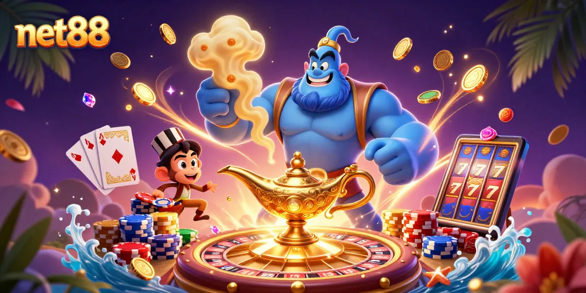 Play exciting casino games with net88, featuring a vibrant 3D scene of a genie, monkey, and poker chips.