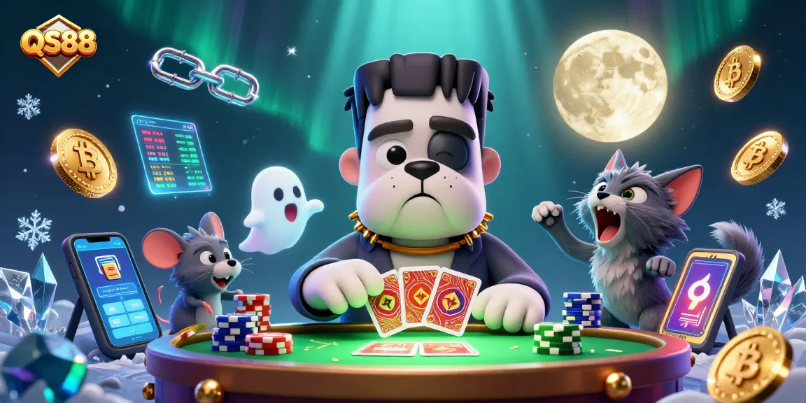 Engage with QS88's thrilling 3D casino scene featuring cartoon characters and crypto elements.